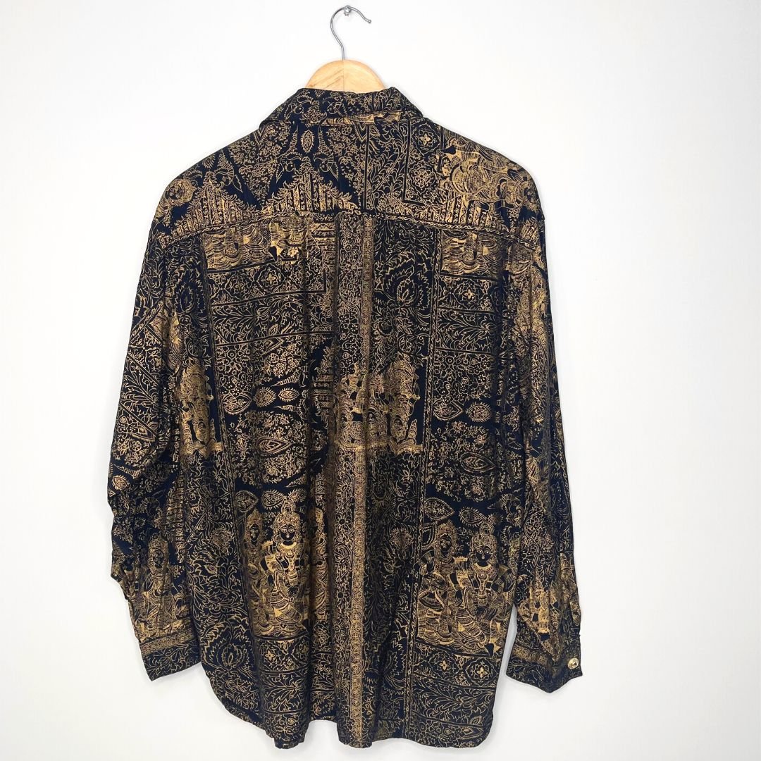 80s Gold Printed Design Blouse - VintageVera