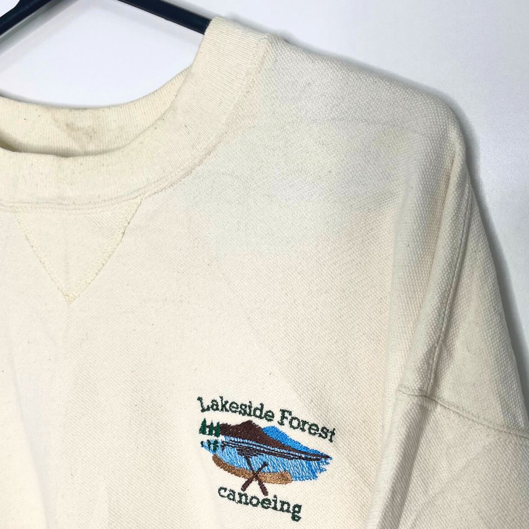 Oneita Lakeside Forrest Canoeing Cream Sweatshirt - VintageVera