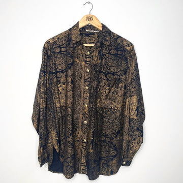 80s Gold Printed Design Blouse - VintageVera